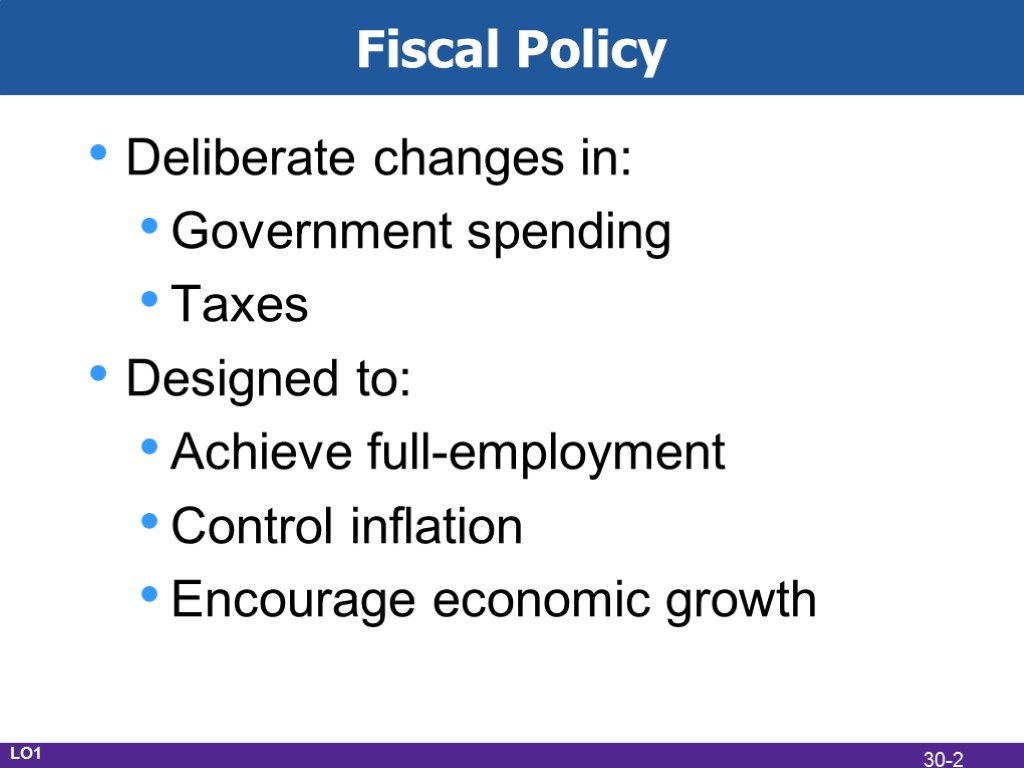 Fiscal Policy Deliberate changes in: Government spending Taxes Designed to: Achieve full-employment Control inflation